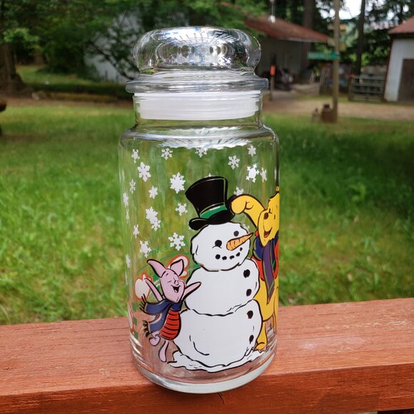 Vintage Anchor Hocking Winnie The Pooh & Piglet WINTER THEMED Glass Jar With Lid - Picture 8 of 16